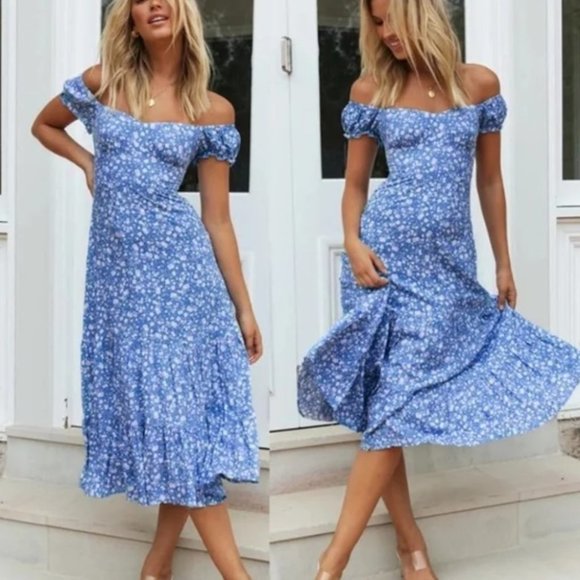 MODA ME COUTURE Dresses & Skirts - Boho Blue Ditsy Floral Ruffle Hem Off Shoulder Lace up back Dress